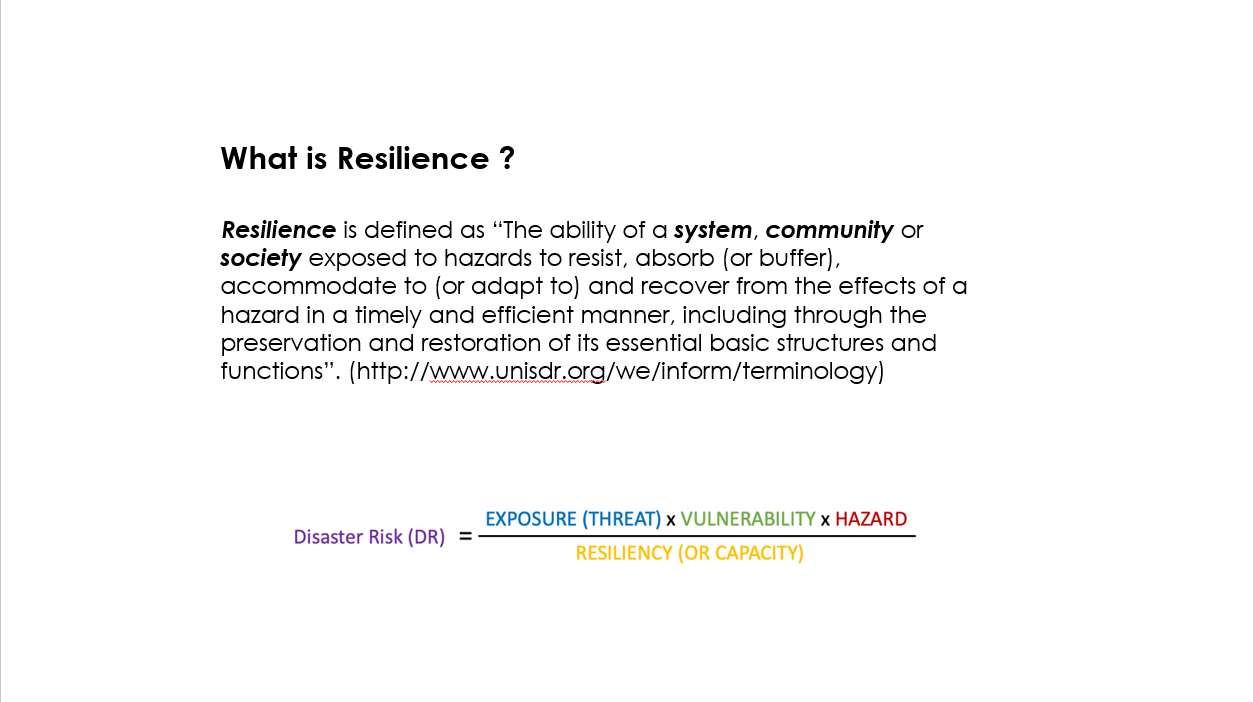 What is Resilience? Disaster Risk equals Exposure times Vulnerability times Hazard, over Resiliency